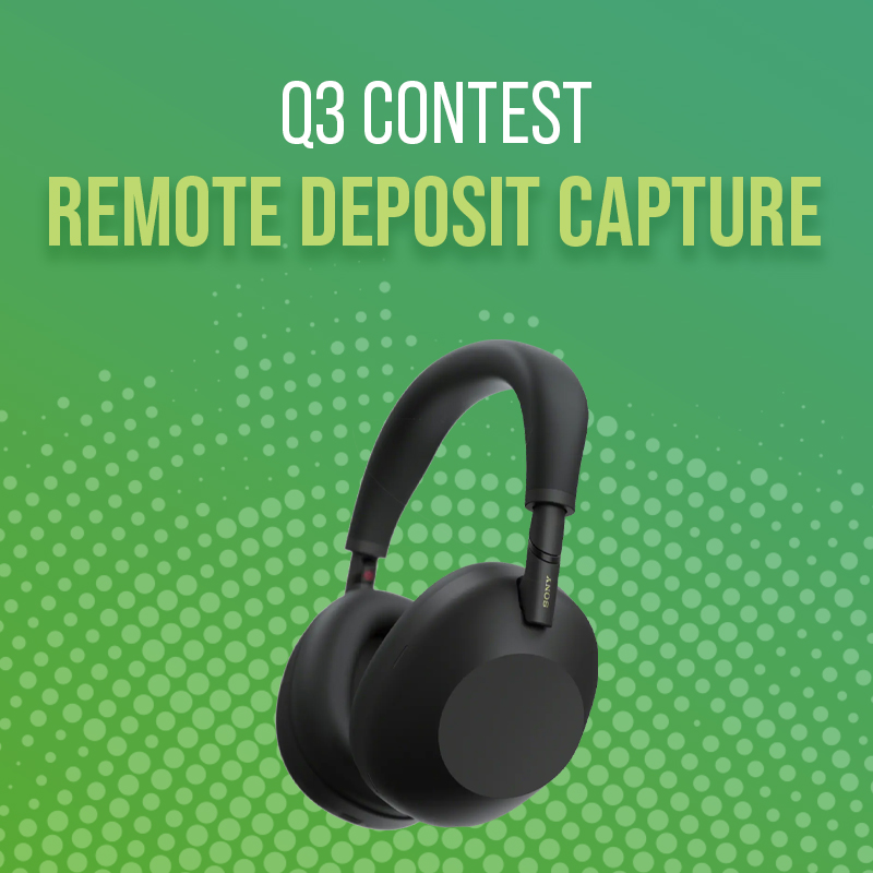 q3_cover_image Black wireless headphones are displayed on a green background with dotted patterns. Above the headphones, text reads "Q3 Contest Remote Deposit Capture" in white and yellow.