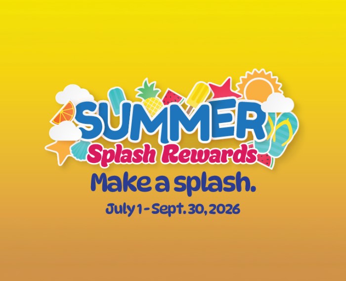 shazam q3 2026 Colorful summer-themed graphic with the text: "SUMMER Splash Rewards. Make a splash. July 1 – Sept. 30, 2026." Surrounded by icons of sun, flip-flops, fruits, and water on a yellow background.